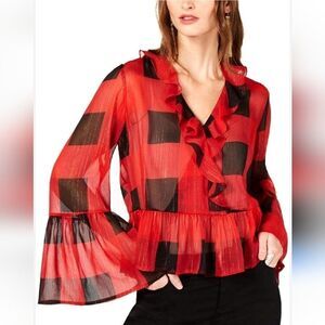 INC Sheer Peplem Blouse w/Gold Metallic & Bell Sleeves with Free Bralette